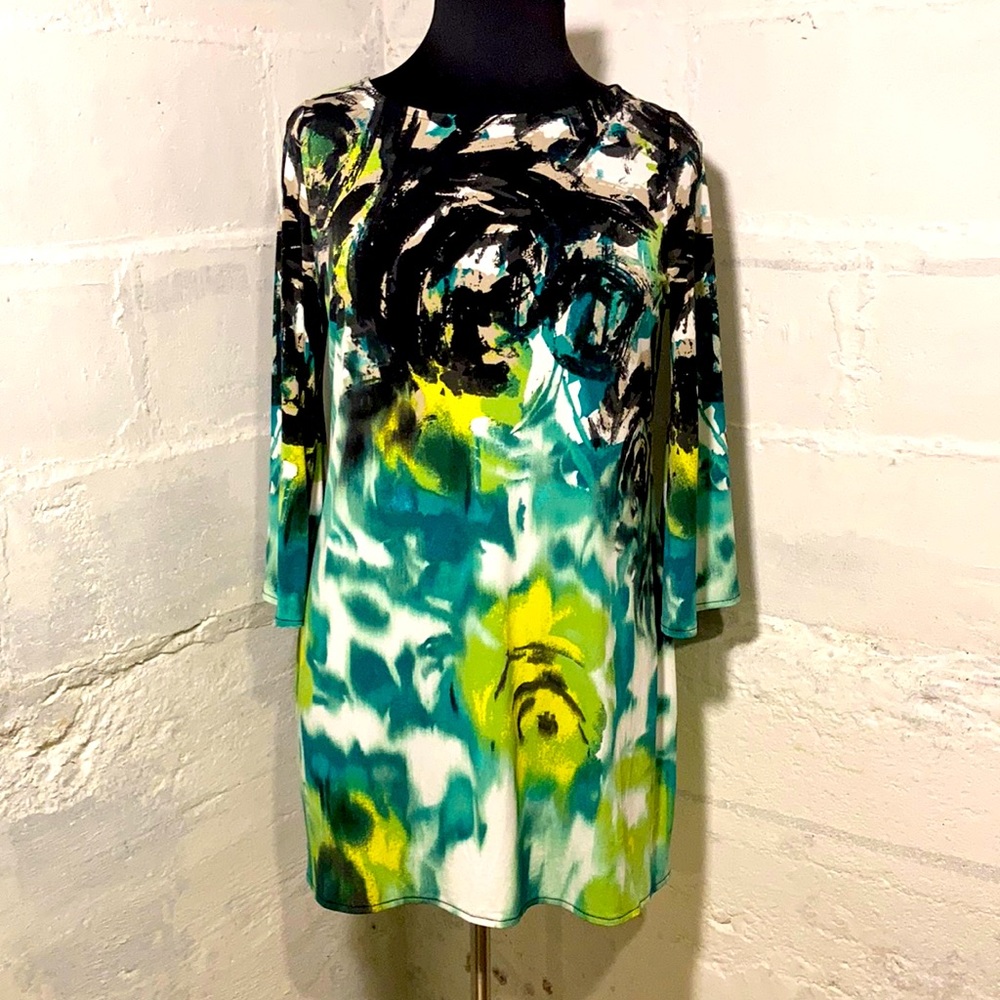 Multi Colored Tunic-Style Blouse w Bell Sleeves
